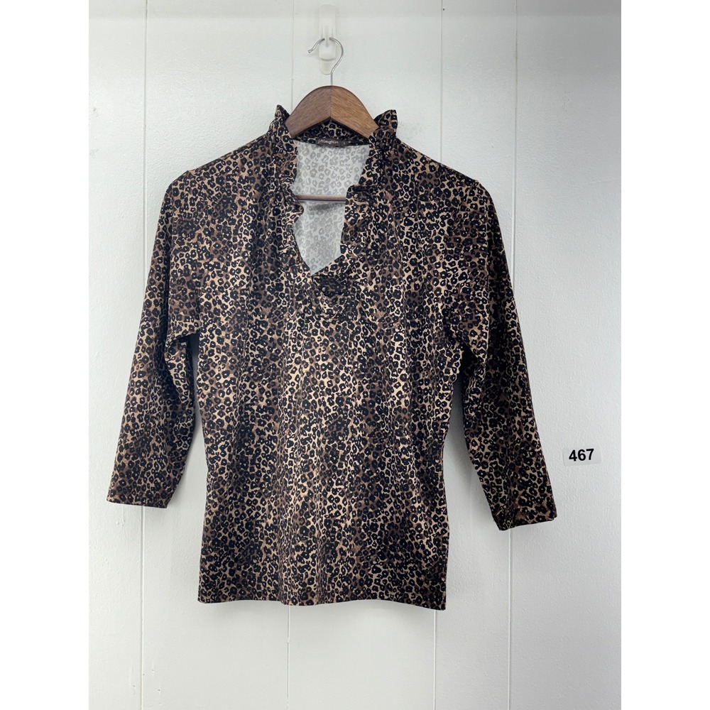 J.McLaughlin Womens Leopard Print Ruffle Neck 3/4 Sleeve Top Brown Large